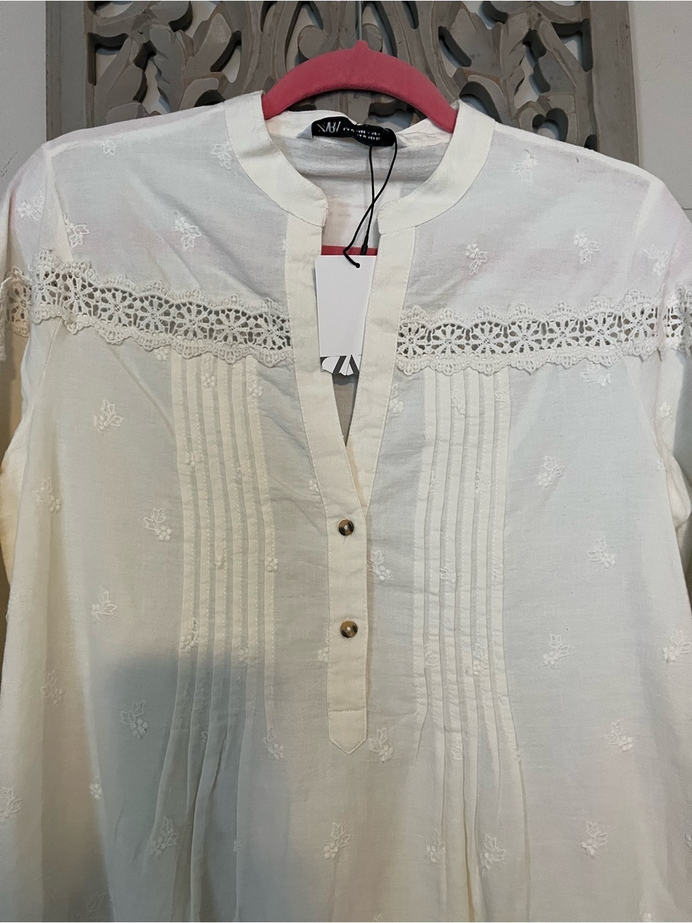 Zara Cream Embroidered Lace-Yoke Split-Neck Blouse